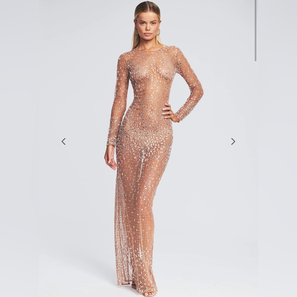 Retrofete Vinci Dress — long-sleeve, crystal-embellished gown in sheer mesh.